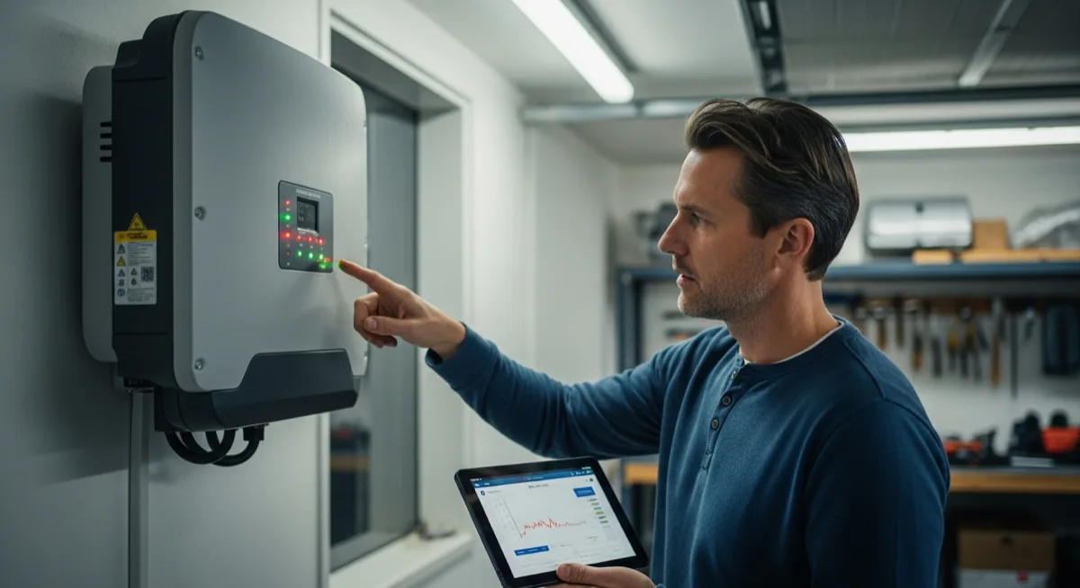 Homeowner examining a solar inverter with diagnostic tablet