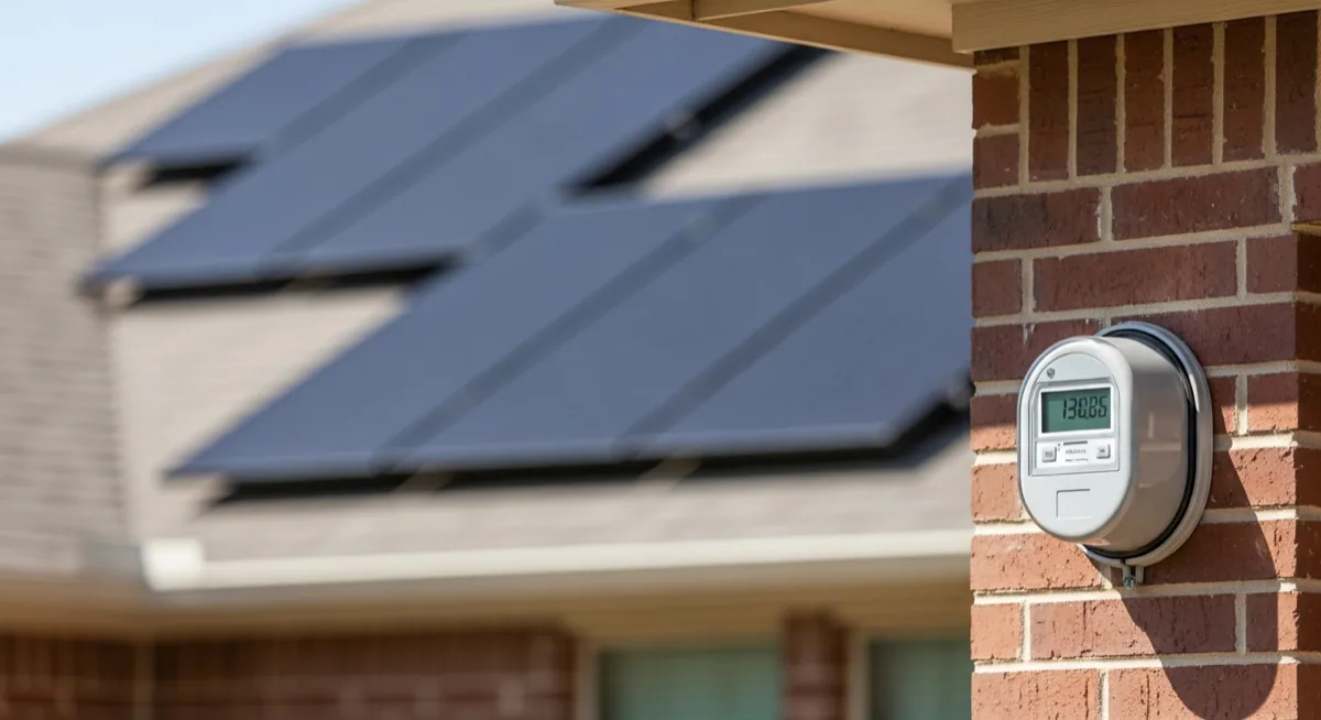 Smart electric meter on a Texas home with solar panels on the roof