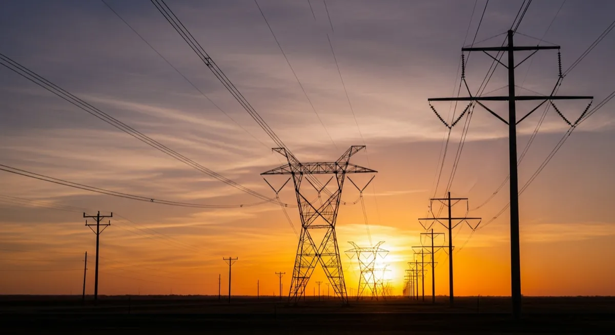 Power transmission lines stretching across a Texas sunset landscape