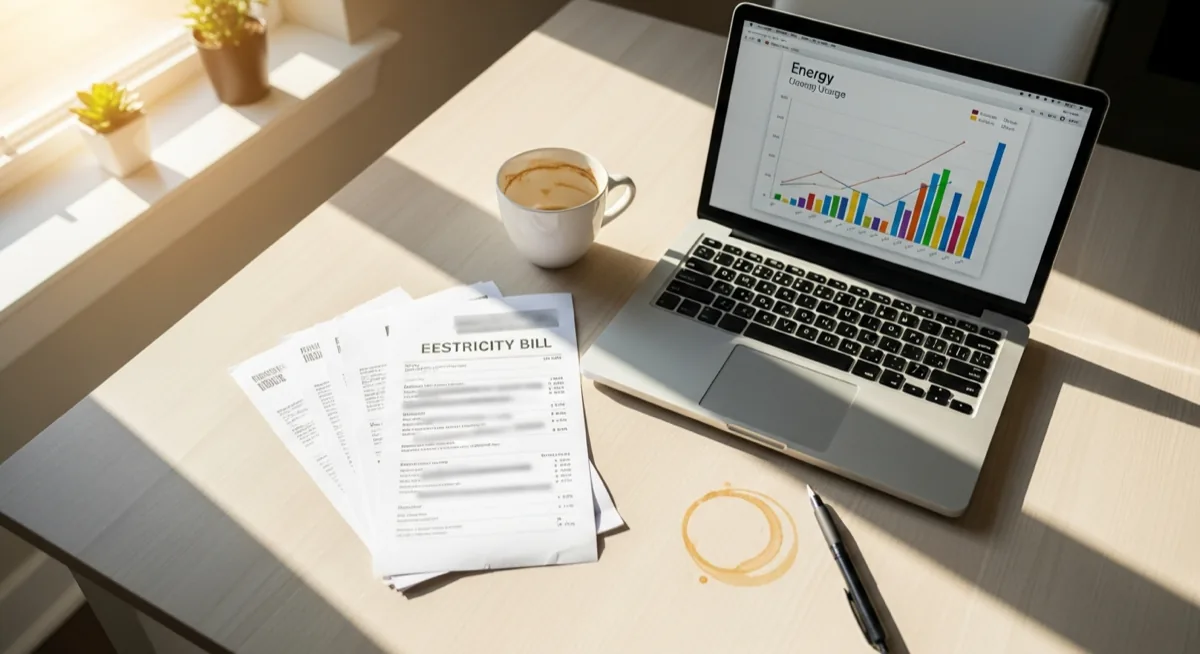 Electricity bill and laptop with energy usage graphs on a kitchen table