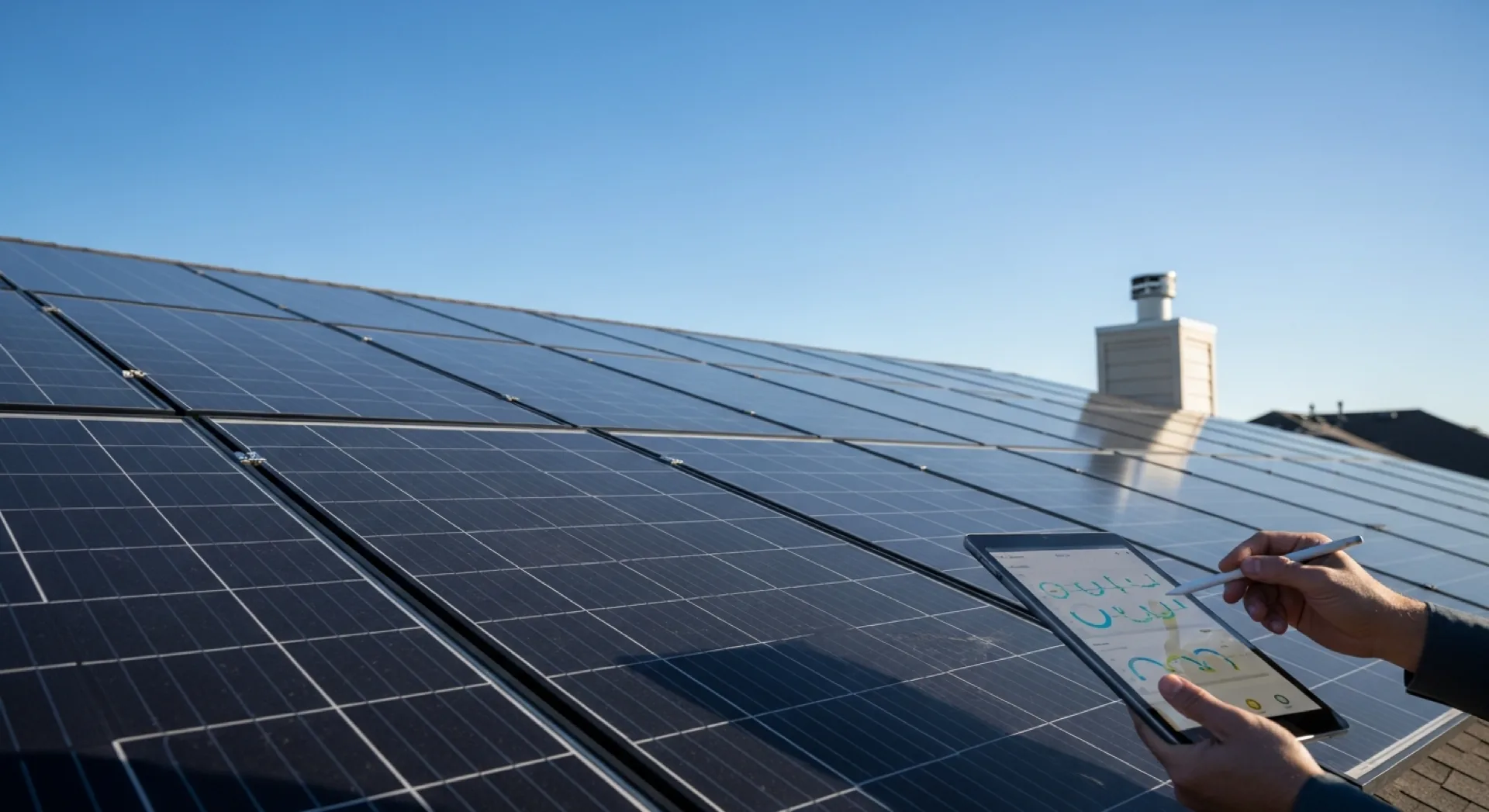 Solar technician inspecting rooftop solar panels with a tablet