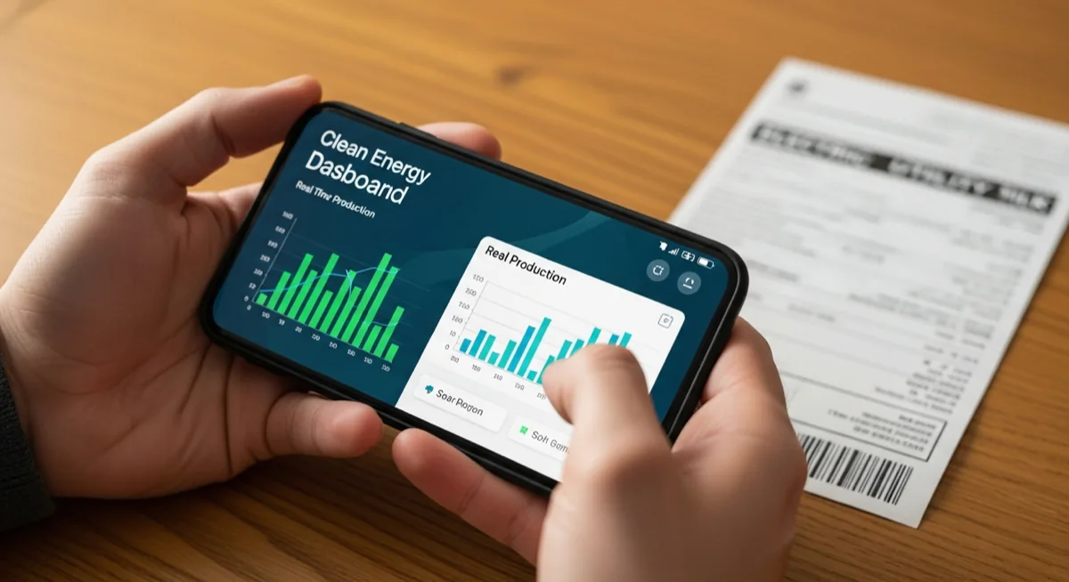 Person reviewing solar energy dashboard on smartphone next to an electric bill