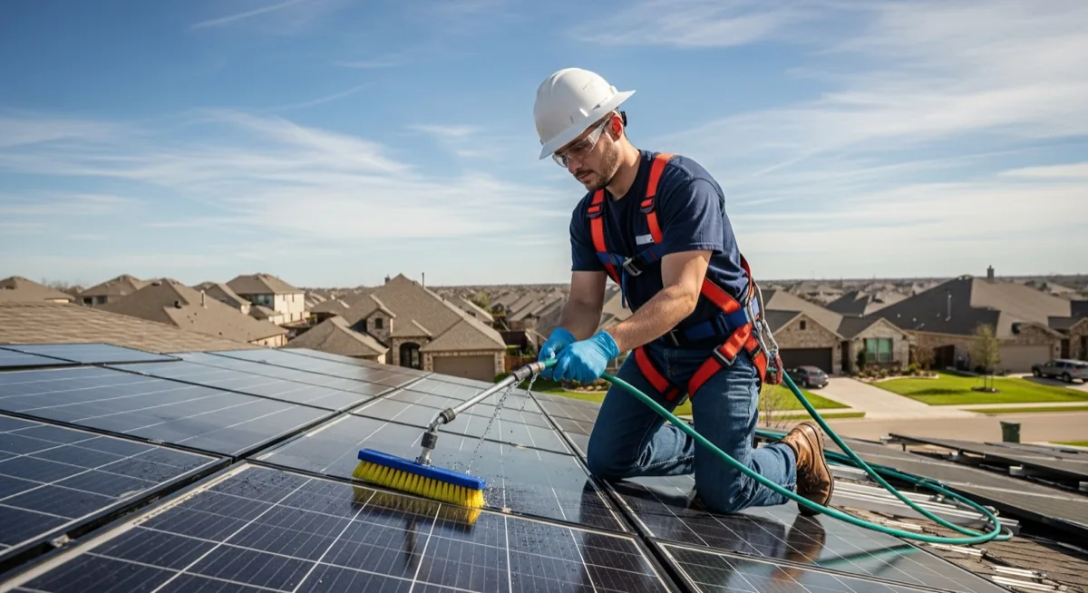 Technician cleaning solar panels on a Texas rooftop