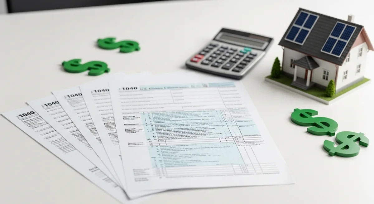 Tax forms next to a model house with miniature solar panels